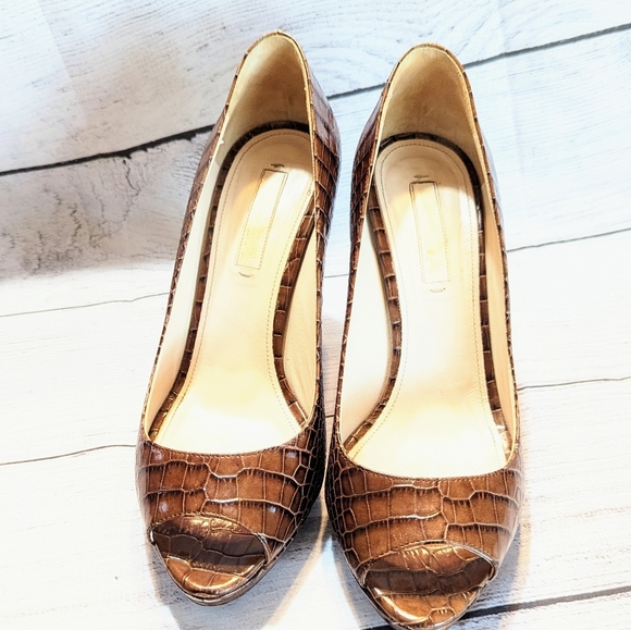 PRADA PLATFORM HEELS Size 8 or 38 Brown Leather Snakeskin Peep Toe Pumps - Picture 4 of 16